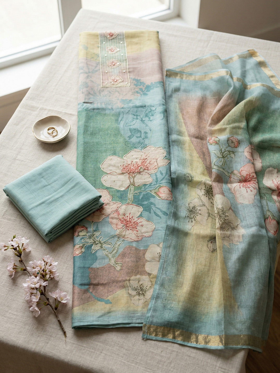 Embroidered Linen Blend Unstitched Suit With Pant &amp; Dupatta