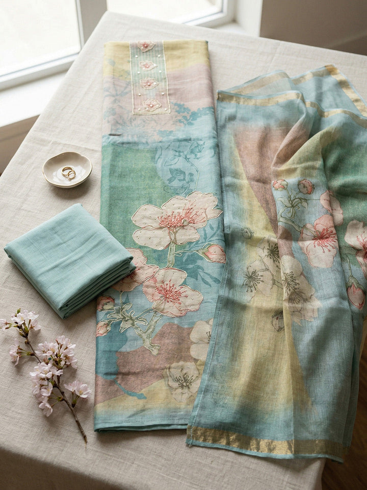 Embroidered Linen Blend Unstitched Suit With Pant &amp; Dupatta