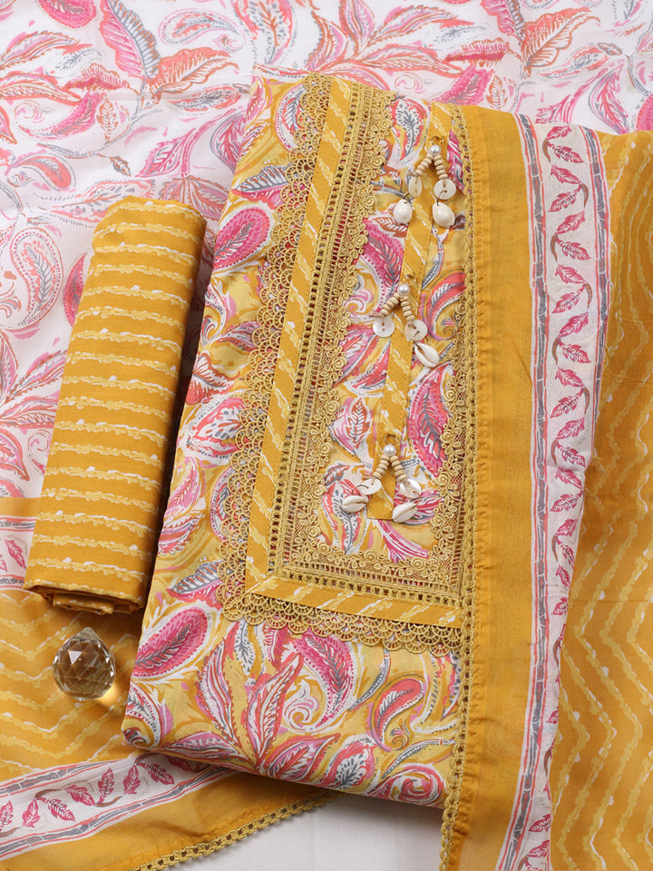 Embroidered Cotton Blend Unstitched Suit With Pant &amp; Dupatta