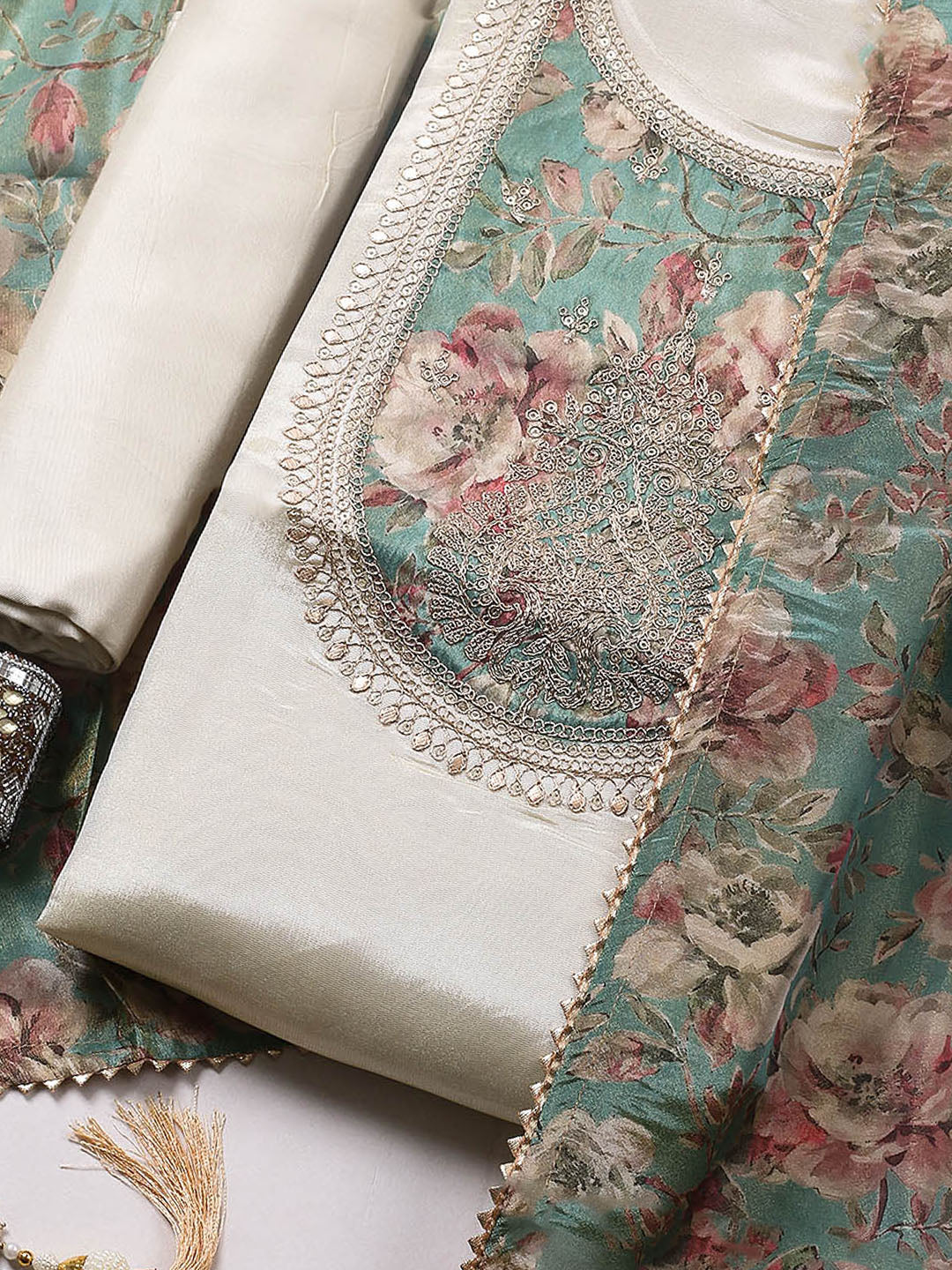 Embroidered Tissue Unstitched Suit With Pant &amp; Dupatta