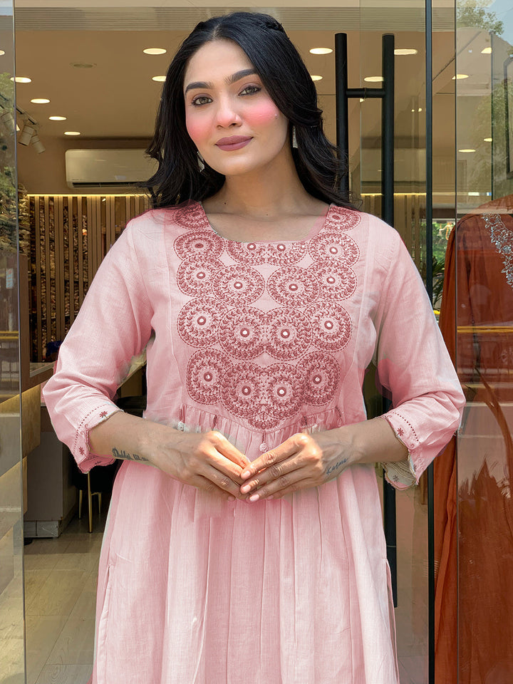Neck Embroidered Muslin Kurta With Pants &amp; Dupatta