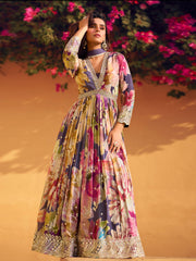 Printed & Embroidered Chinon Gown With Dupatta