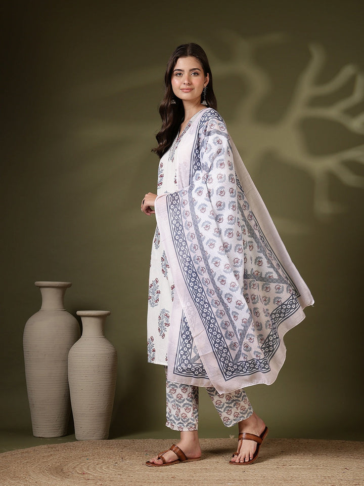 Printed Cotton Blend Kurta With Pant &amp; Dupatta