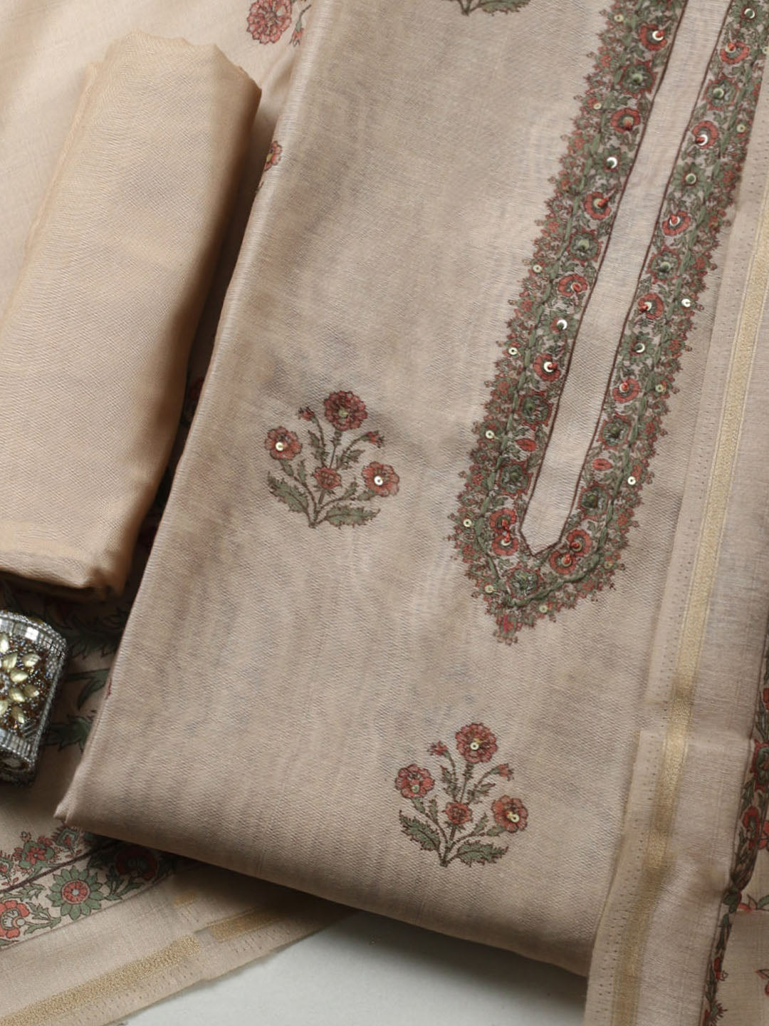 Embroidered Chanderi Unstitched Suit With Pant &amp; Dupatta