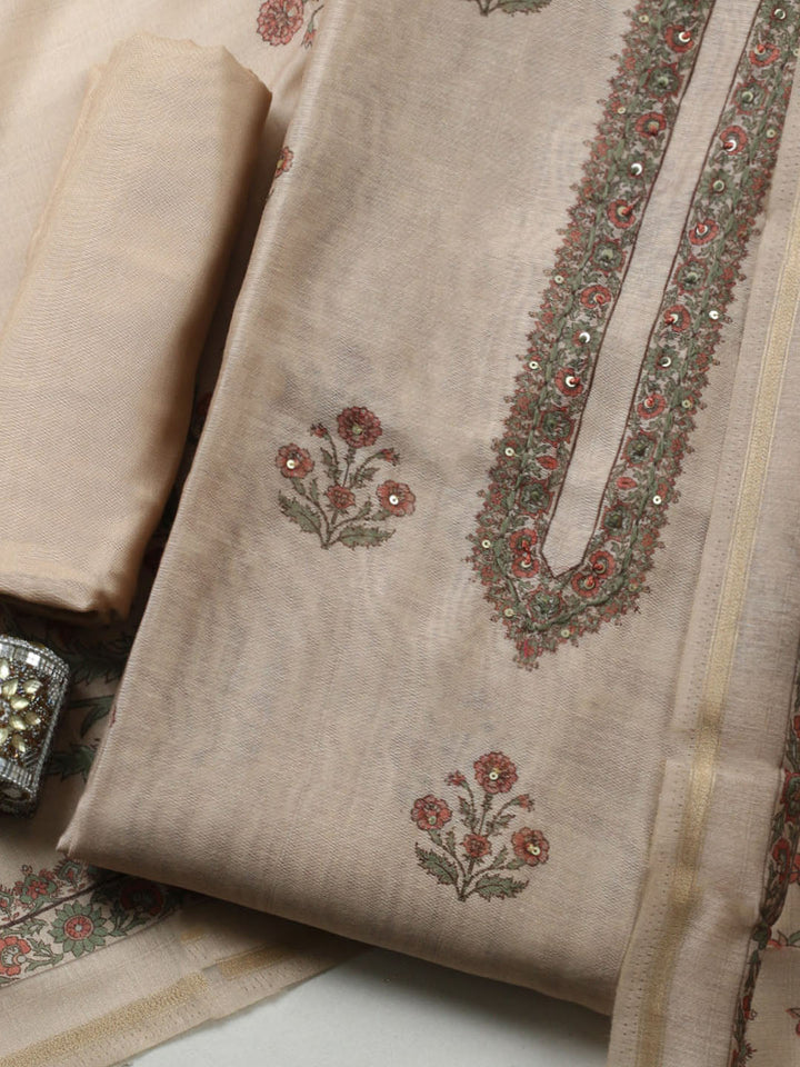 Embroidered Chanderi Unstitched Suit With Pant &amp; Dupatta