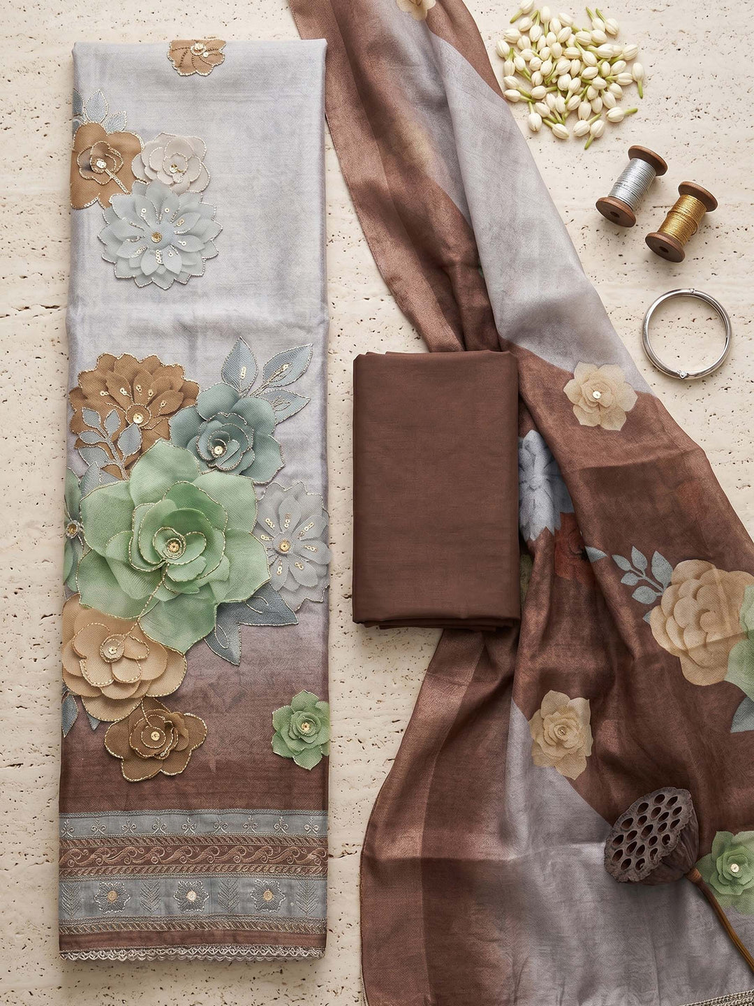 Printed Chanderi Unstitched Suit With Dupatta