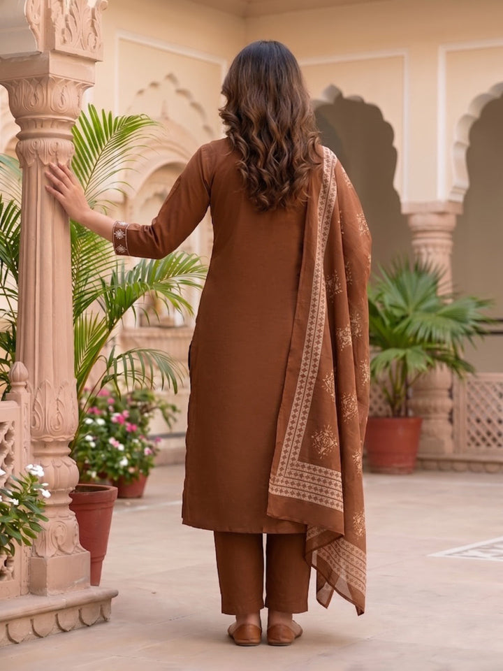 Neck Embroidered Cotton Blend Kurta With Pant &amp; Dupatta
