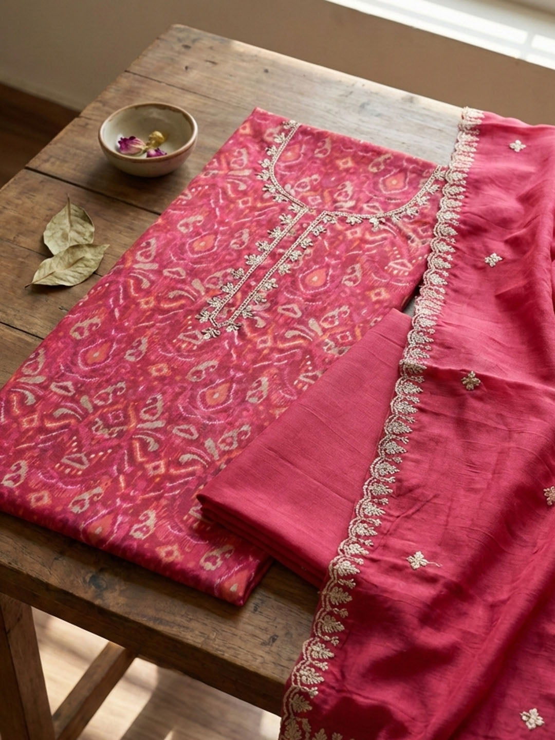 Embroidered Cotton Blend Unstitched Suit With Pant &amp; Dupatta
