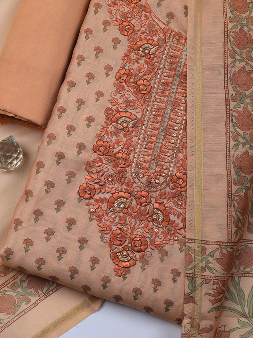 Embroidered Cotton Blend Unstitched Suit With Pant &amp; Dupatta