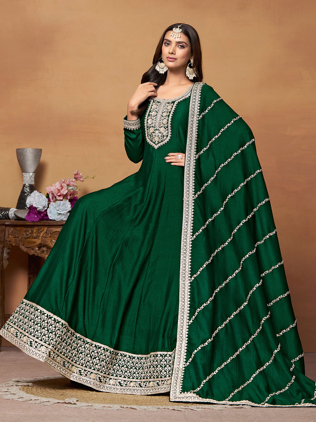 Embroidered Art Silk Semi Stitched Kurta With Salwar &amp; Dupatta