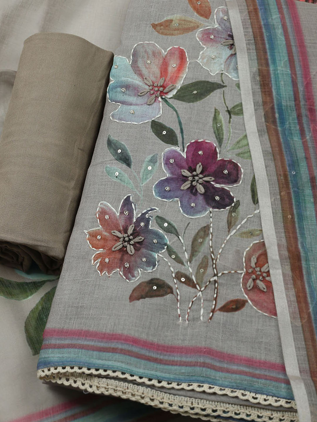 Printed Linen Unstitched Kurta With Pant &amp; Dupatta
