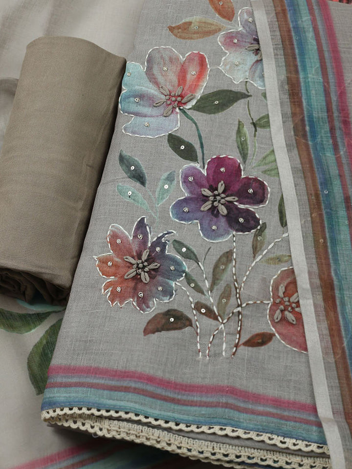 Printed Linen Unstitched Kurta With Pant &amp; Dupatta