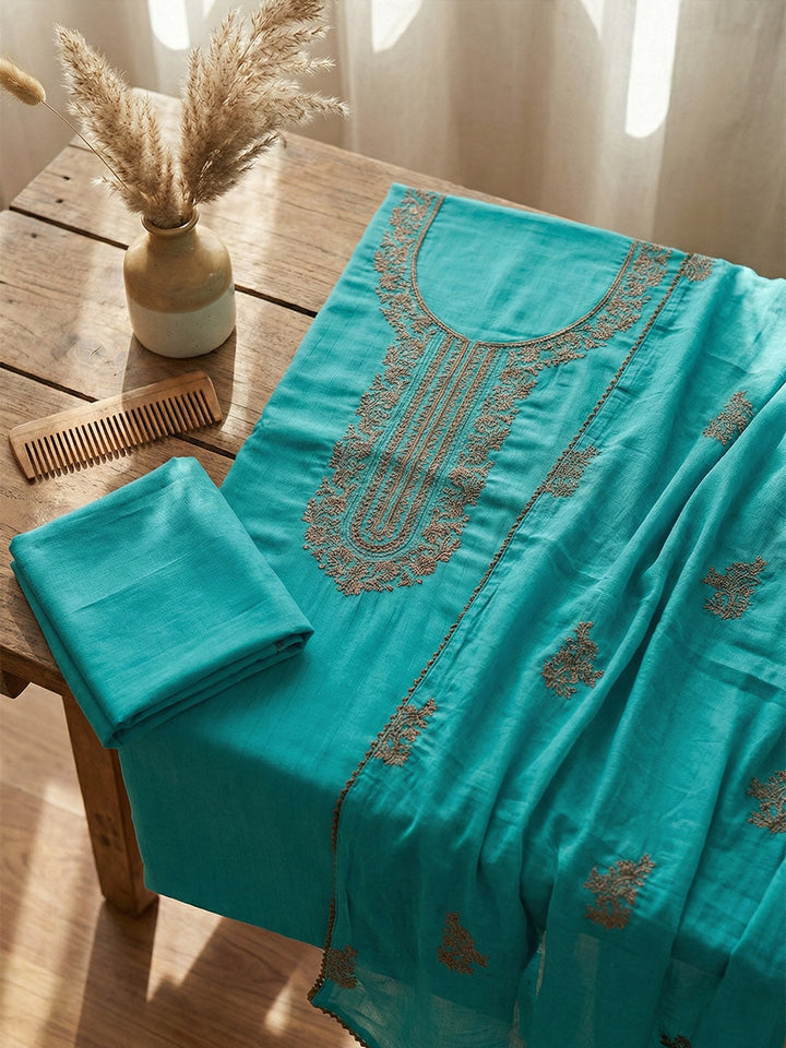 Embroidered Cotton Blend Unstitched Suit With Pant &amp; Dupatta
