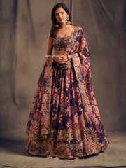 Floral Printed Zari Embroidered Unstitched Lehenga Set