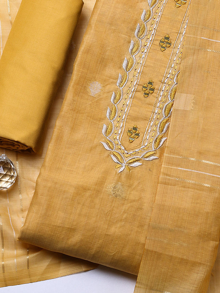 Embroidered Cotton Blend Unstitched Suit With Pant &amp; Dupatta
