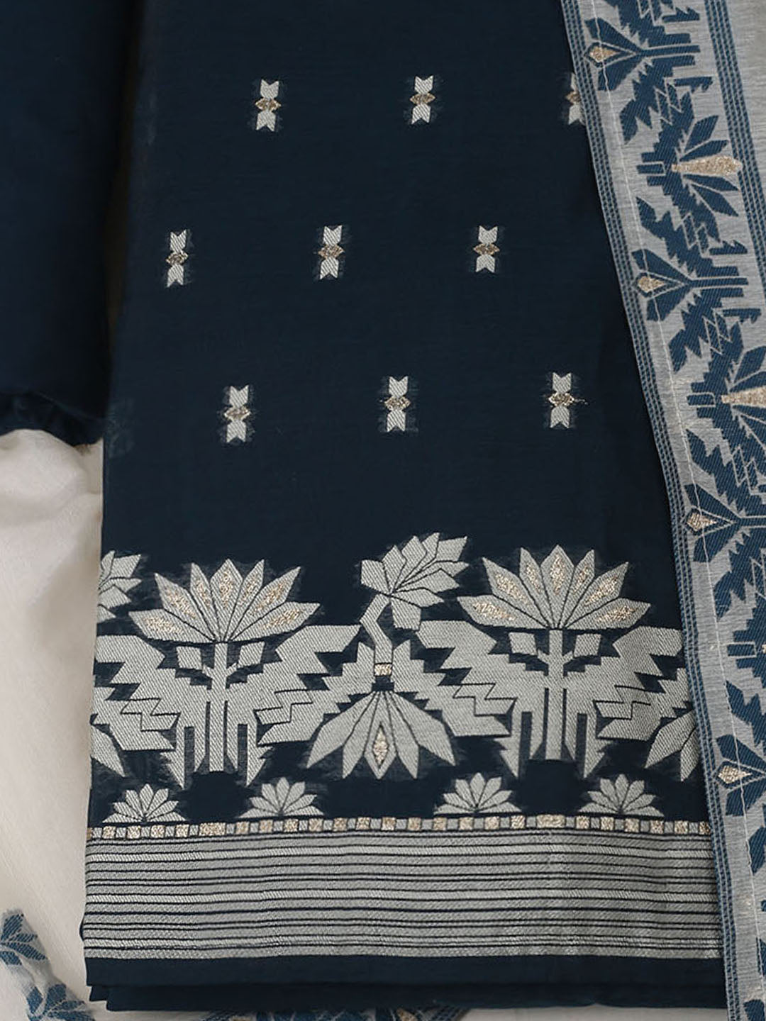 Embroidered Chanderi Unstitched Kurta With Pant &amp; Dupatta