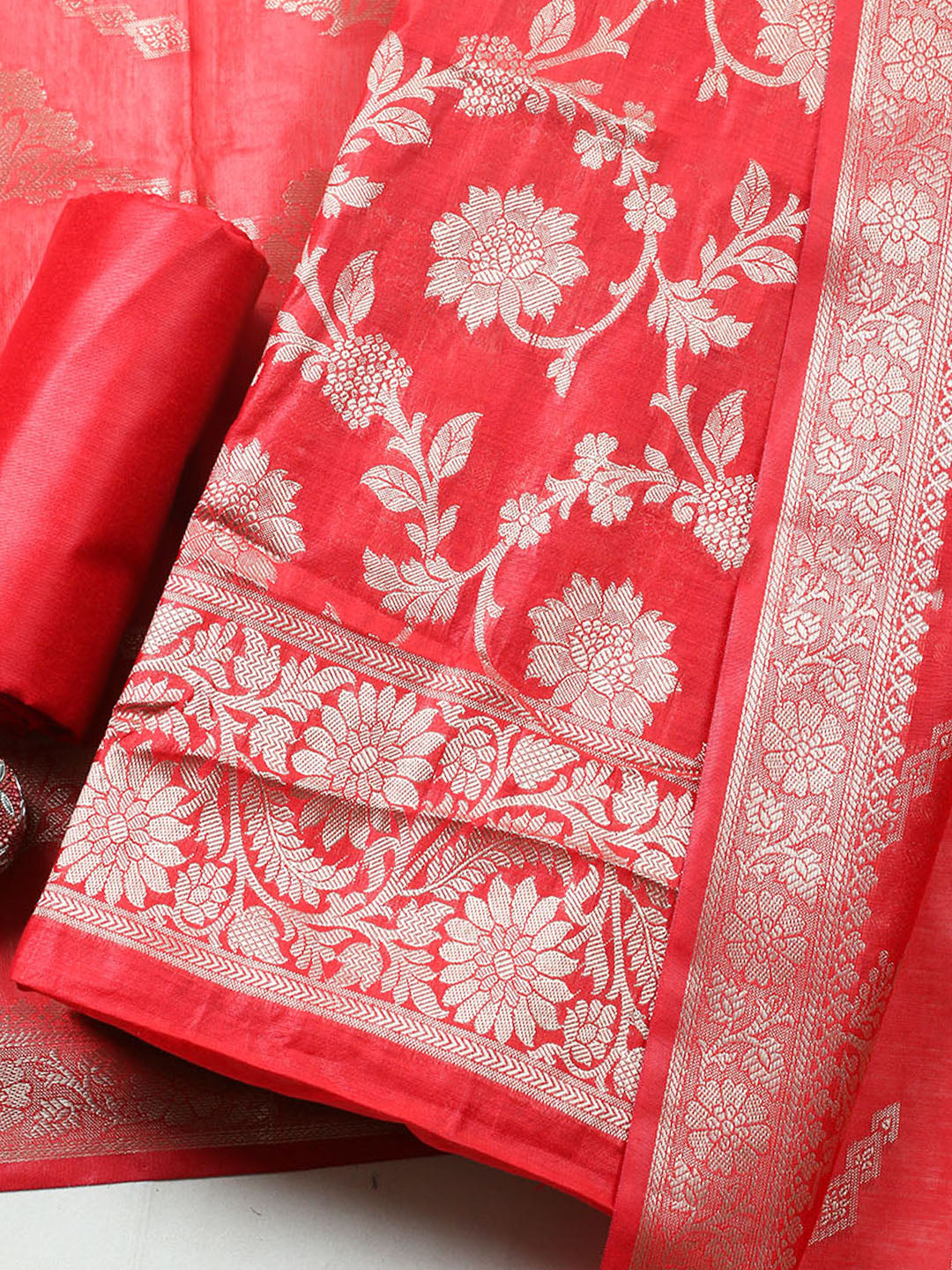 Woven Design Chanderi Unstitched Suit With Pant Dupatta
