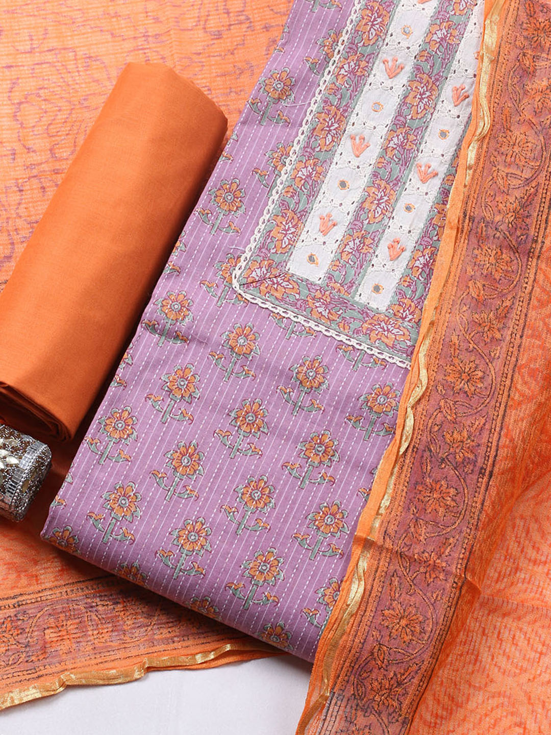 Printed Cotton Blend Unstitched Suit With Pant &amp; Dupatta