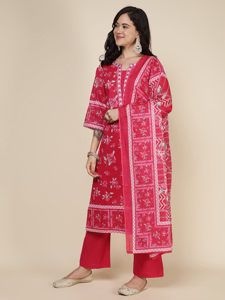 Printed Cotton Blend Kurta With Pants &amp; Dupatta