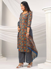 Printed Cotton Blend Kurta With Pants & Dupatta