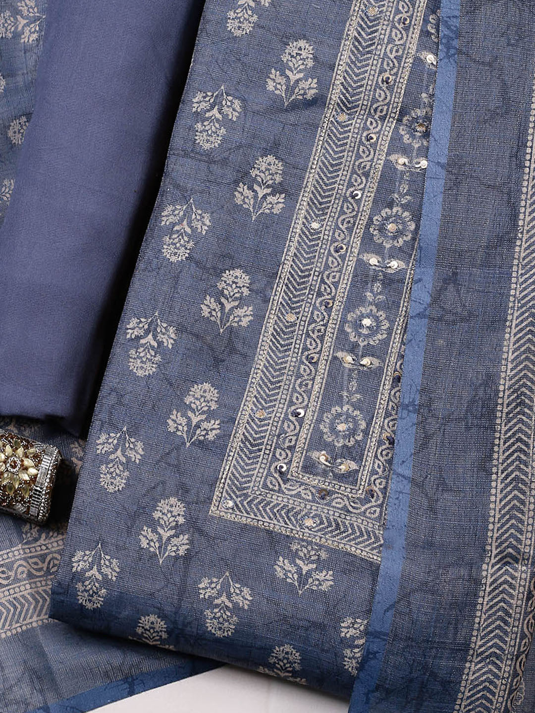 Embellished Tissue Unstitched Suit With Pant &amp; Dupatta