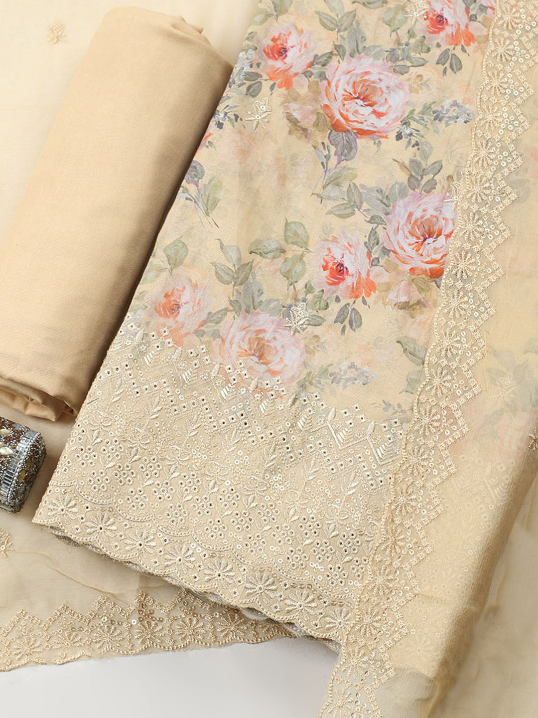 Embroidered Chanderi Unstitched Suit With Pant &amp; Dupatta