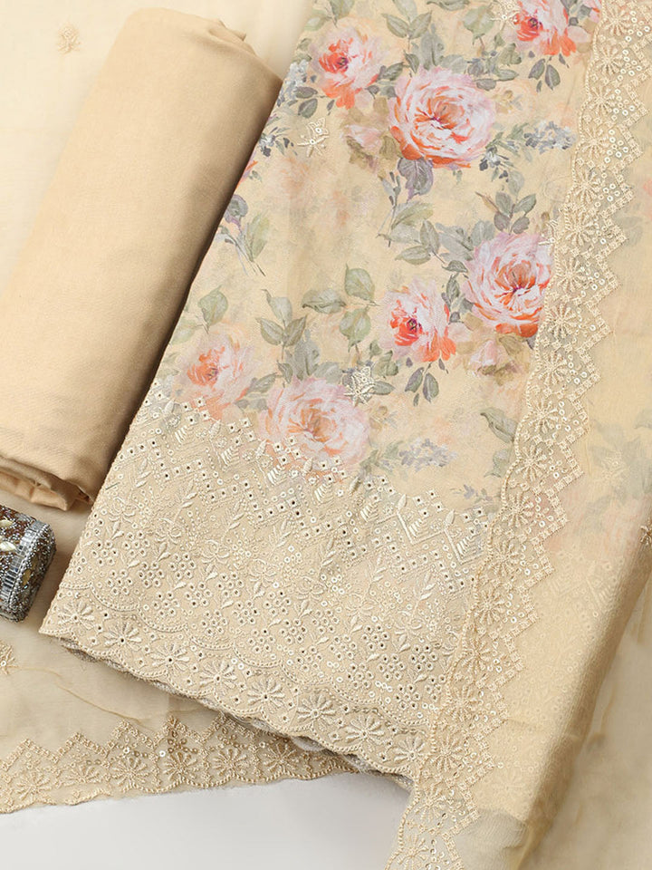 Embroidered Chanderi Unstitched Suit With Pant &amp; Dupatta