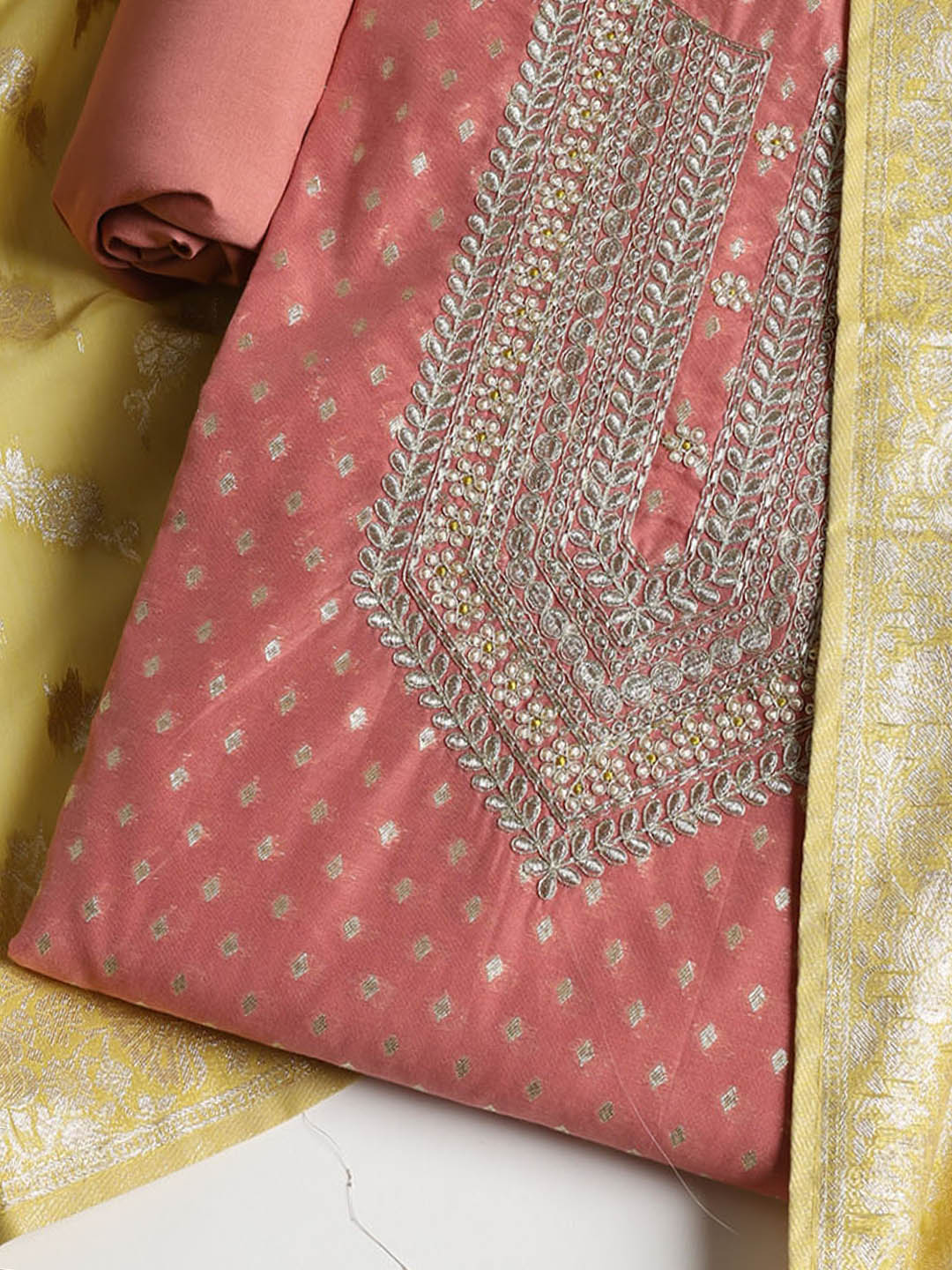 Embroidered Chanderi Unstitched Suit With Dupatta