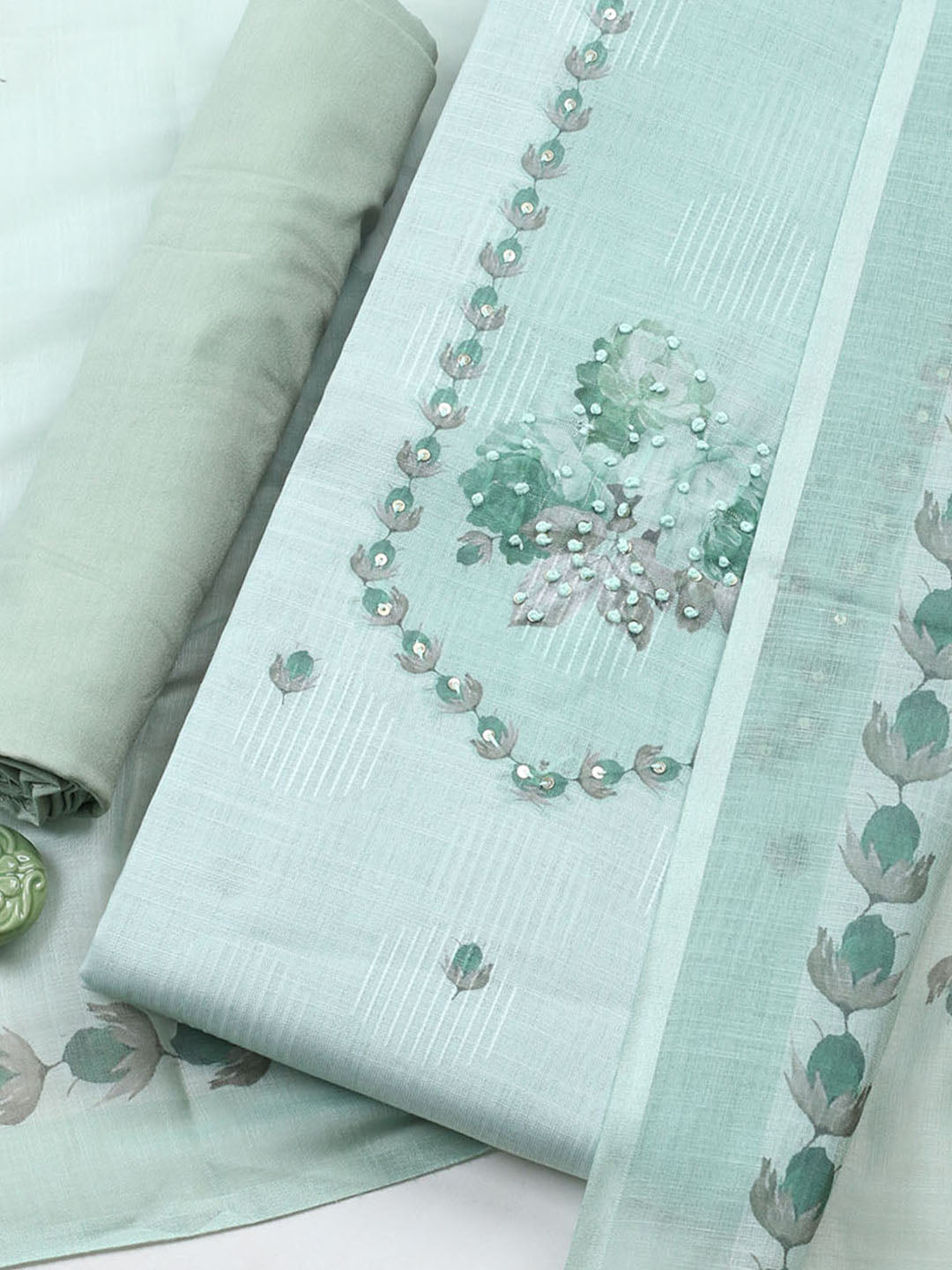 Embroidered Linen Blend Unstitched Suit With Pant Dupatta
