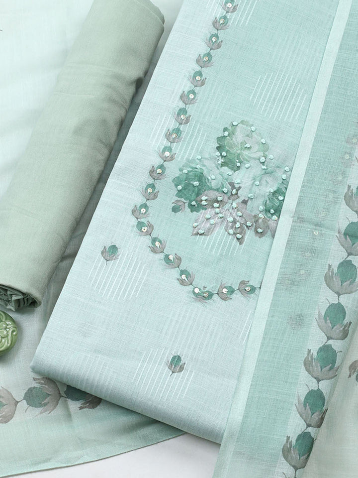 Embroidered Linen Blend Unstitched Suit With Pant Dupatta