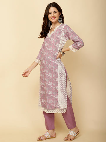 Floral Printed Cotton Straight Kurta With Pants