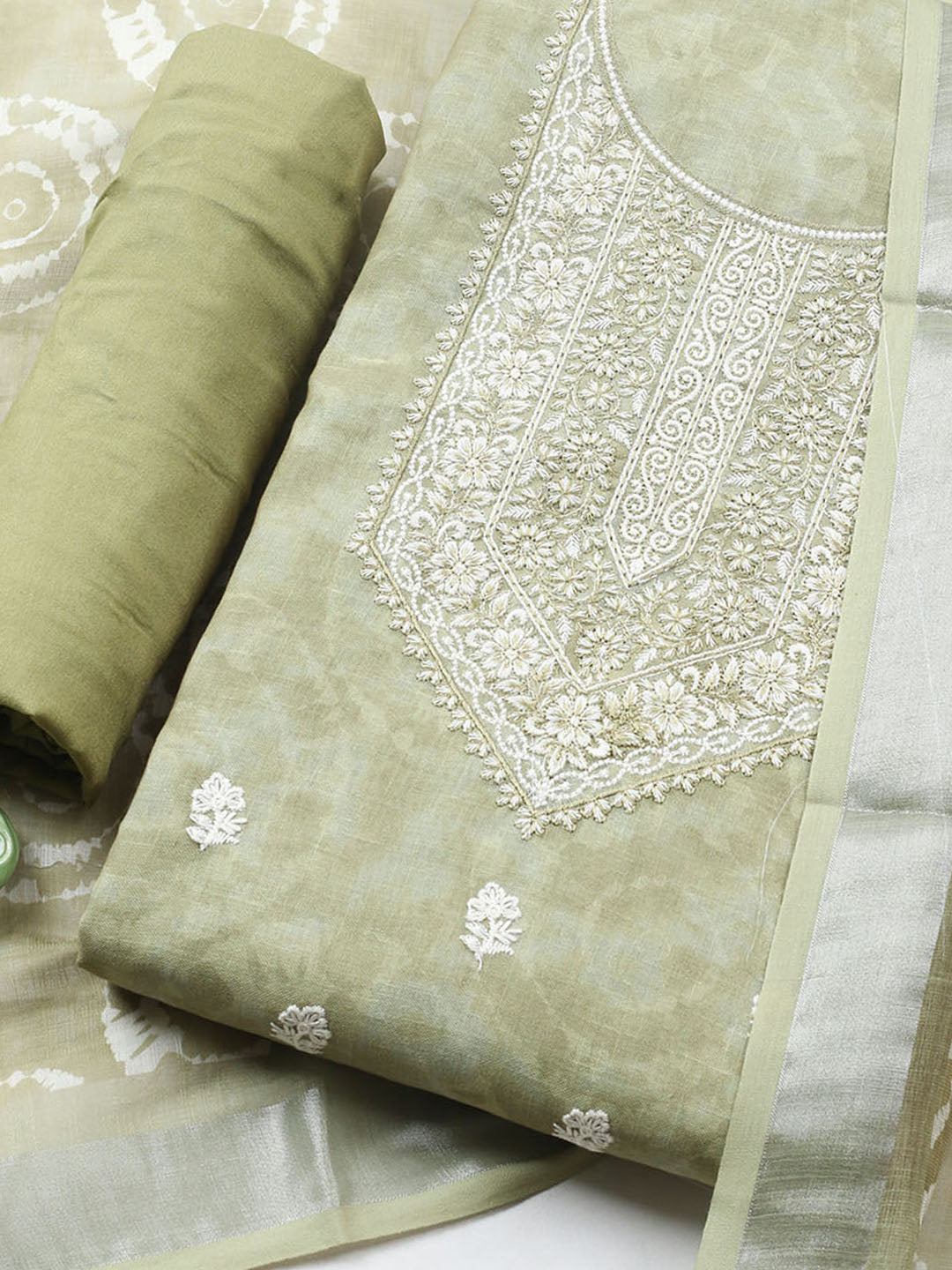 Embroidered Linen Blend Unstitched Suit With Pant Dupatta