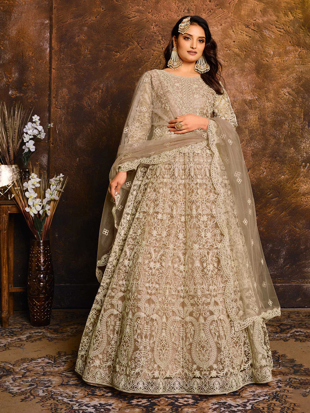 Embroidered Net Semi Stitched Kurta With Pant &amp; Dupatta