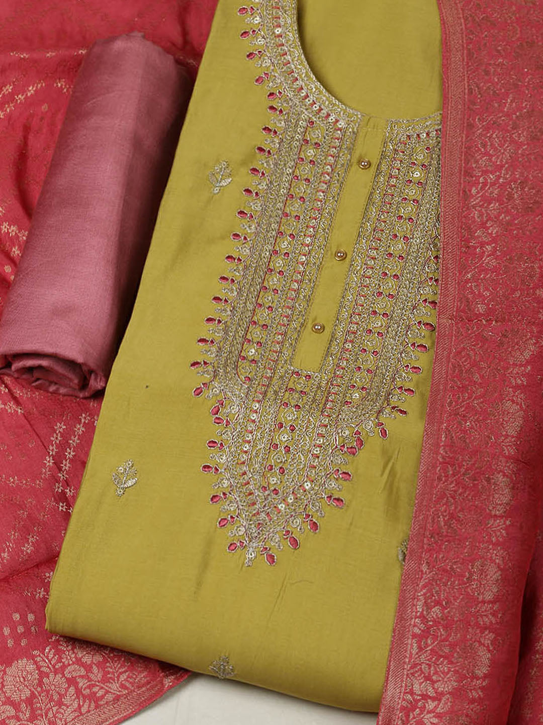 Embroidered Chanderi Unstitched Suit With Pant &amp; Dupatta