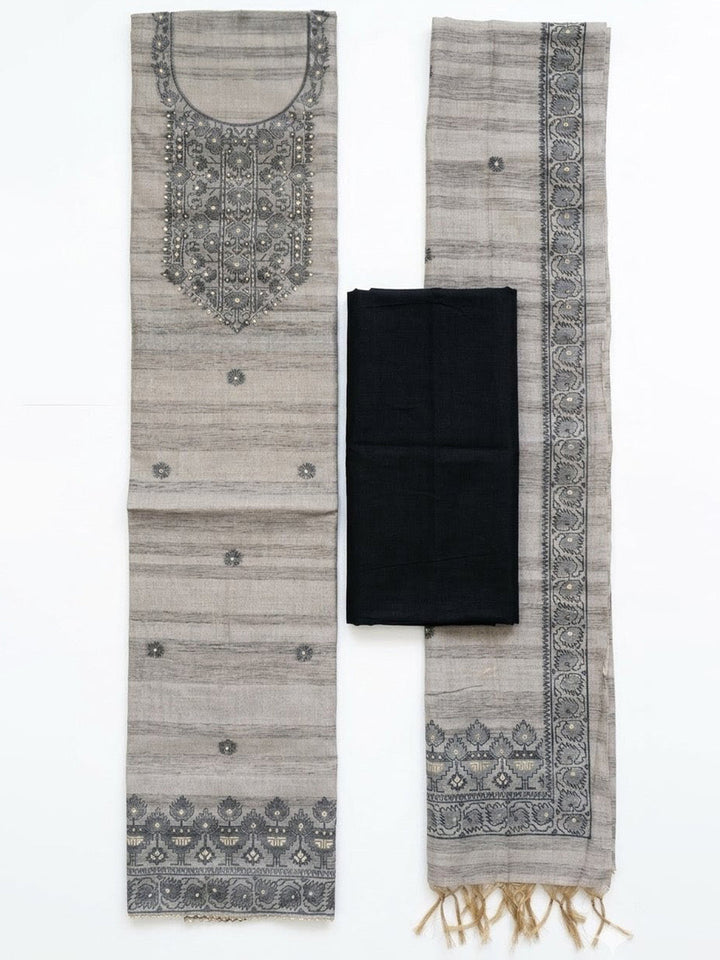 Embroidered Chanderi Unstitched Suit With Pant &amp; Dupatta