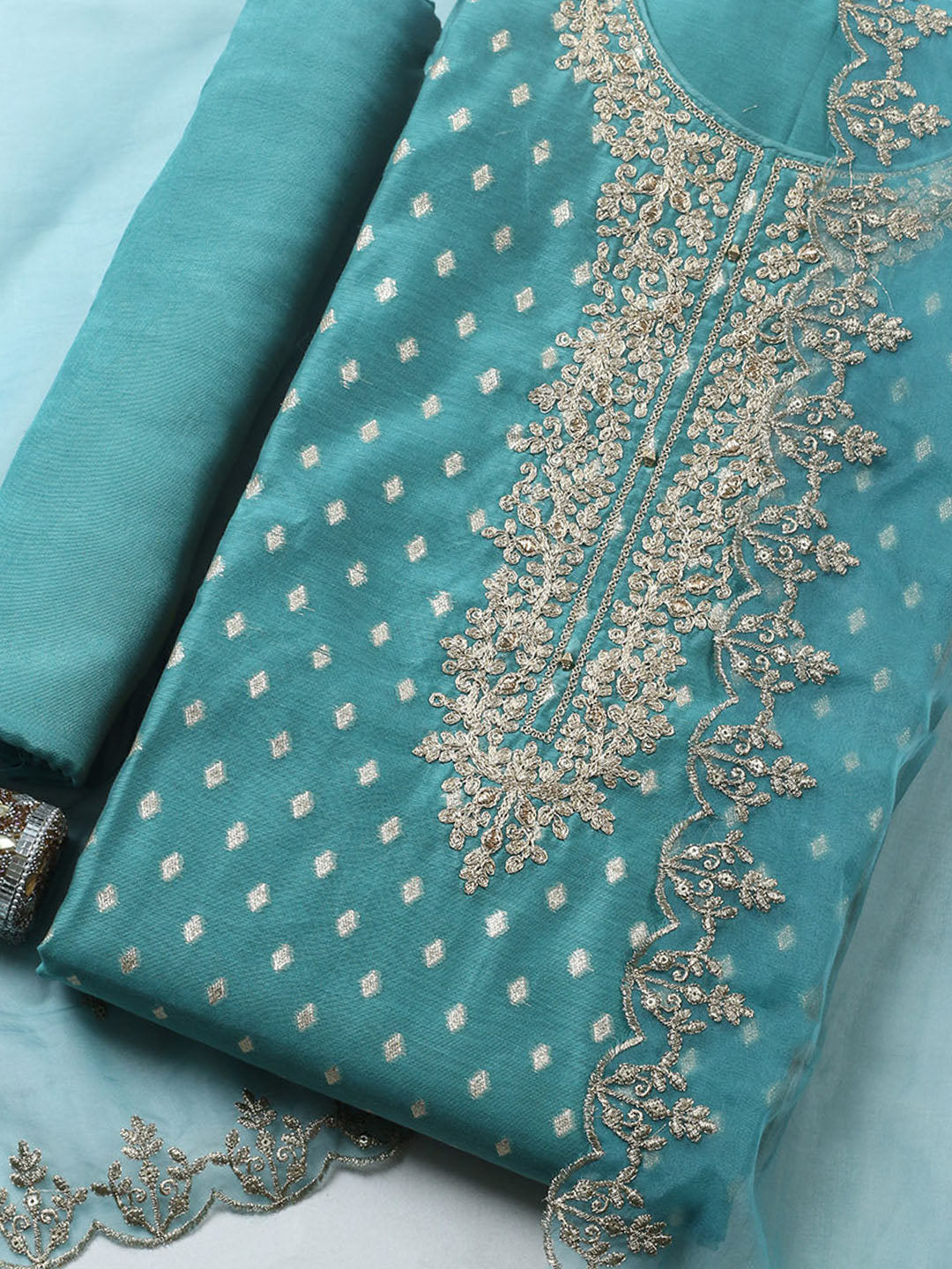 Embroidered Chanderi Unstitched Suit With Pant &amp; Dupatta