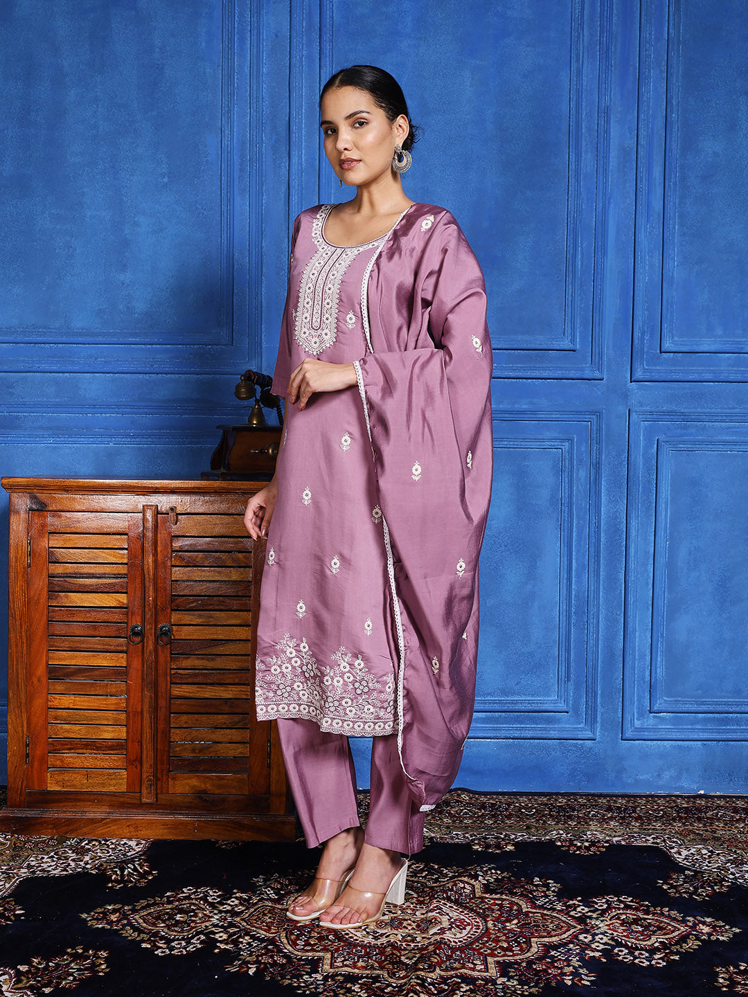 Printed Cotton Blend Kurta With Pants & Dupatta