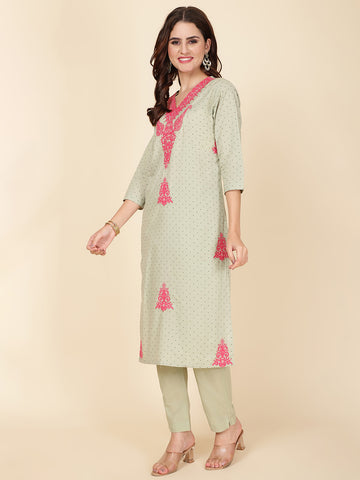 Printed & Neck Embroidered Cotton Kurta Set