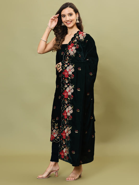 Embroidered Velvet Unstitched Suit Piece With Dupatta