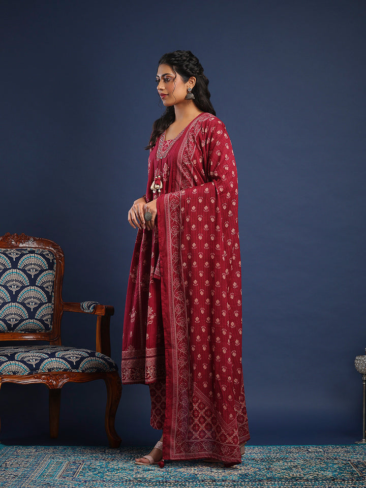 Wine Cotton Blend Printed Straight Suit Set