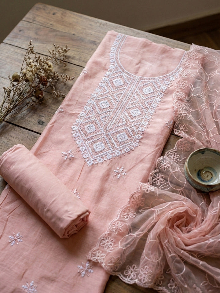 Embroidered Cotton Blend Unstitched Suit With Pant &amp; Dupatta