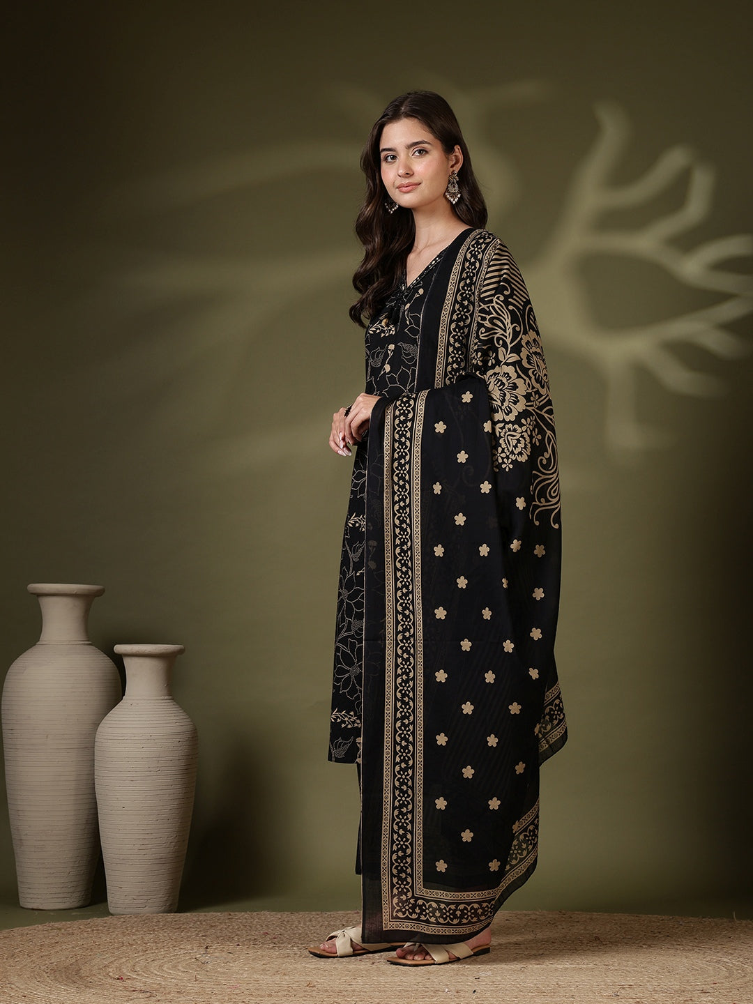 Printed Cotton Blend Kurta With Pant &amp; Dupatta