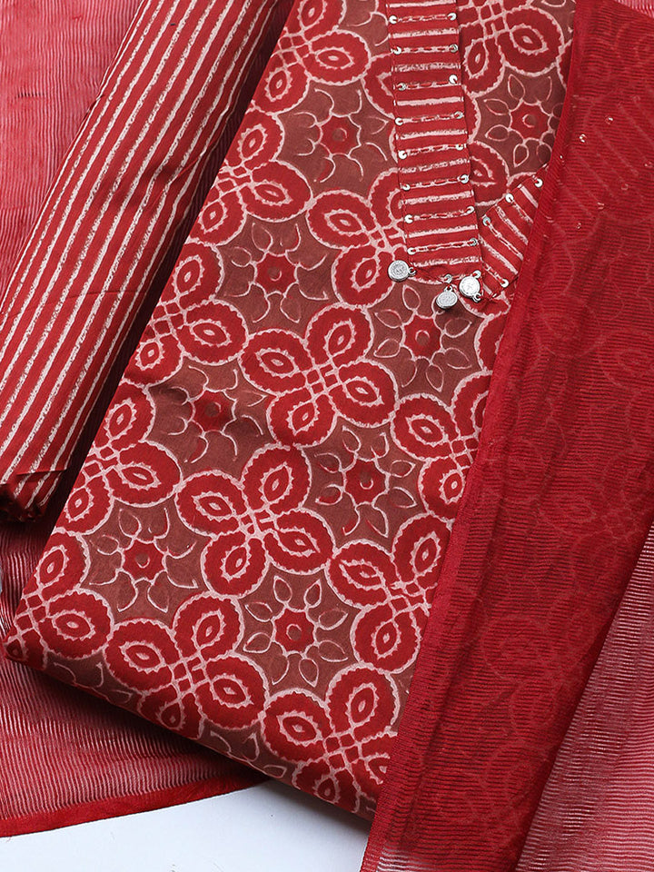 Embroidered Cotton Blend Unstitched Suit With Pant &amp; Dupatta