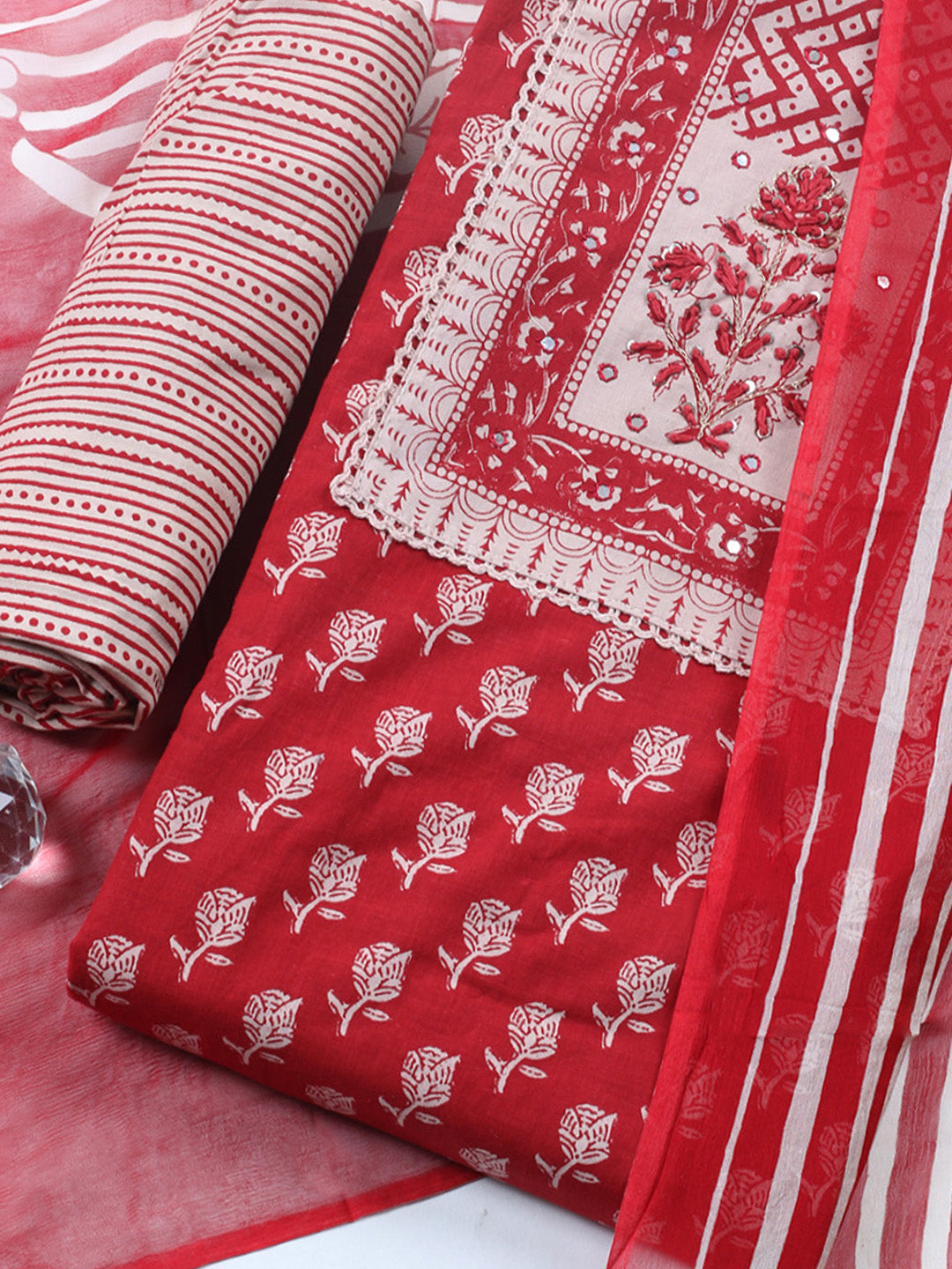 Embroidered Cotton Blend Unstitched Suit With Pant &amp; Dupatta