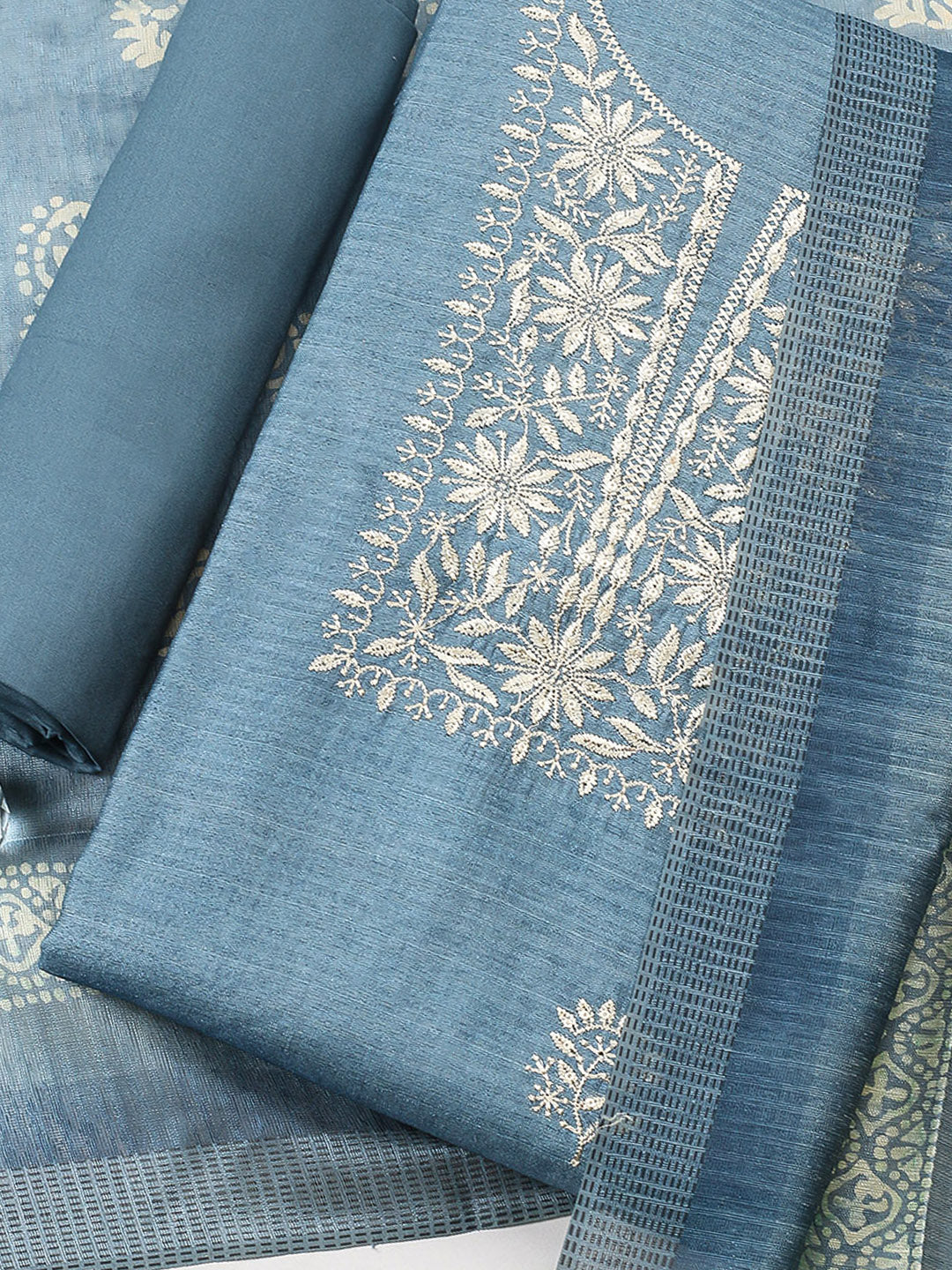Embroidered Chanderi Unstitched Suit With Pant &amp; Dupatta