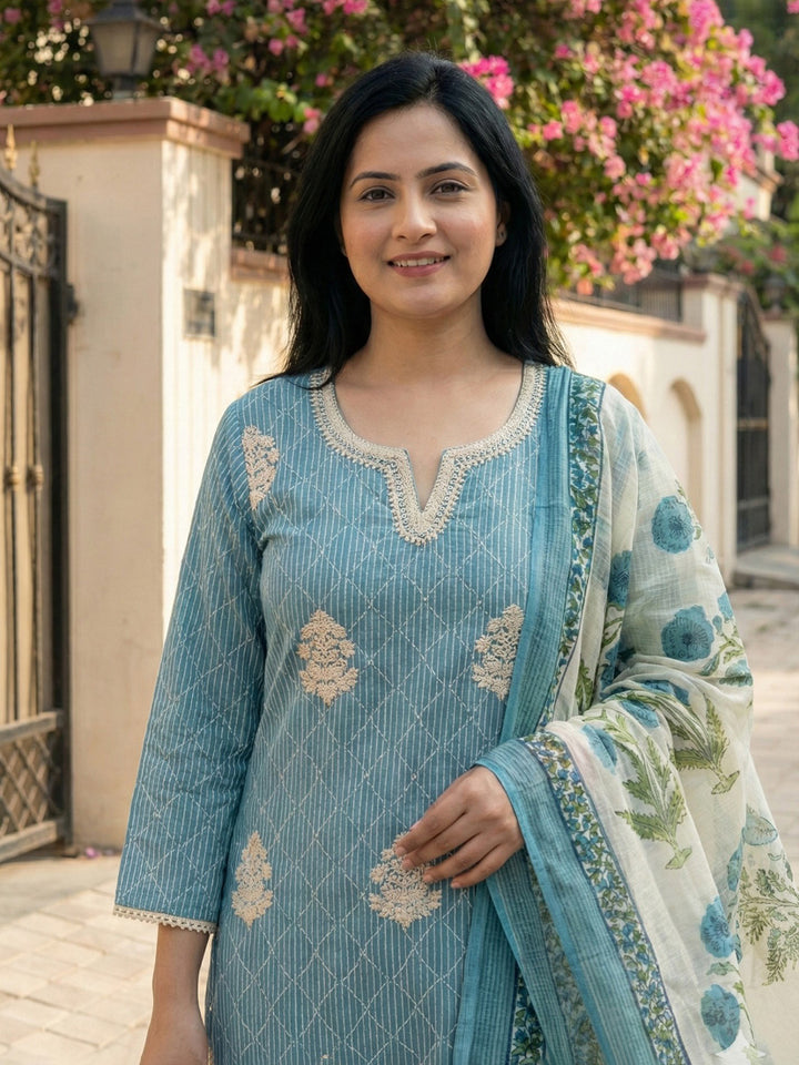 Blue Cotton Blend Printed Straight Suit Set