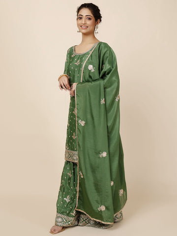 Resham Sequin Embroidery Chinnon Kurta With Garara & Dupatta