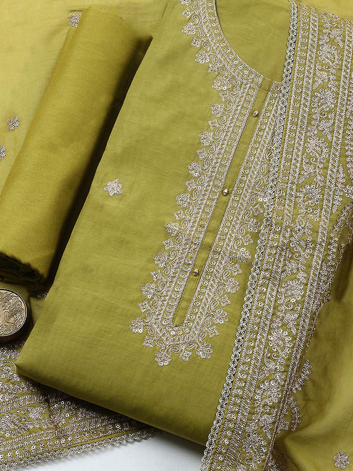 Embroidered Chanderi Unstitched Suit With Pant &amp; Dupatta