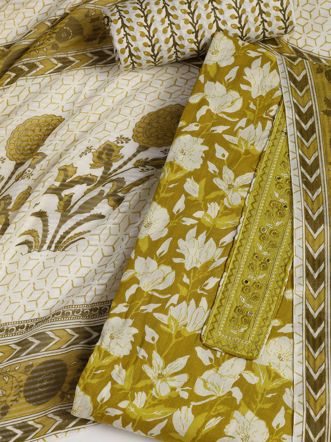 Patch Neck Cotton Blend Unstitched Suit With Dupatta