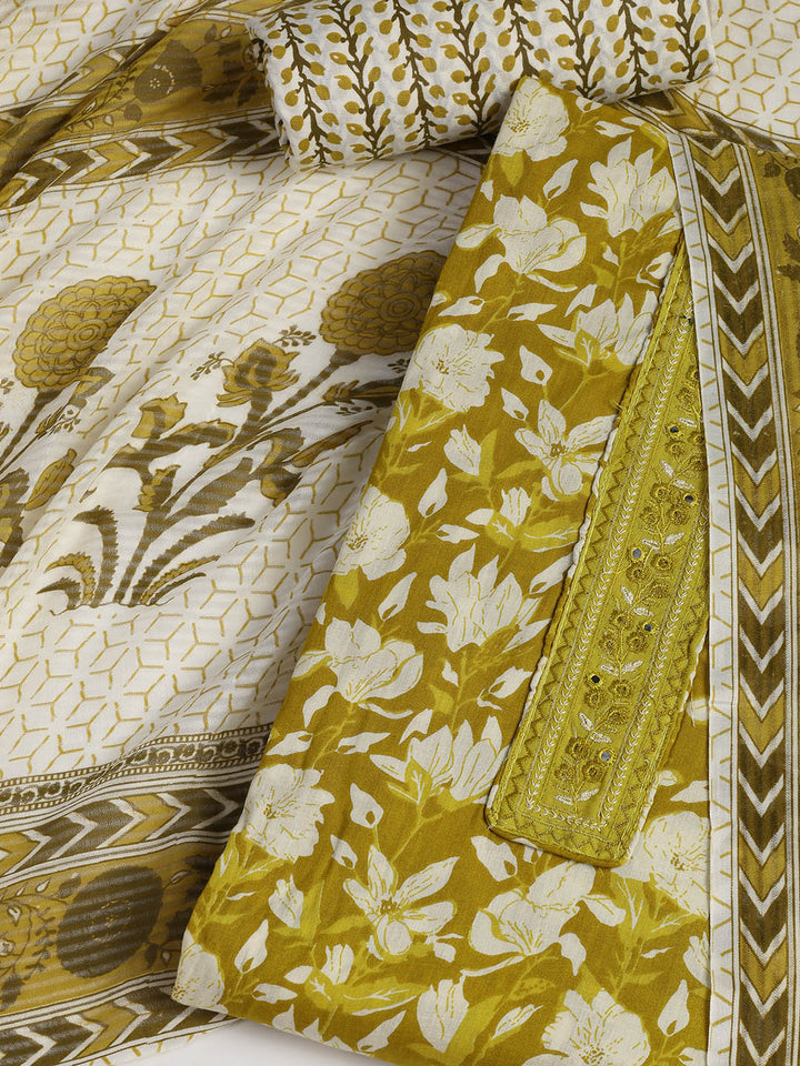 Patch Neck Cotton Blend Unstitched Suit With Dupatta